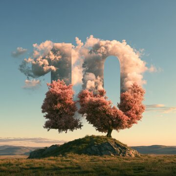 Dreamy Landscape with Number 10 Shaped Cloud Surrounded by Pink Cherry Blossoms and Mountain Scenery