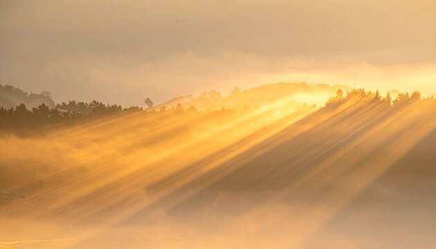 Golden sunbeams pierce through morning mist over rolling hills and trees.