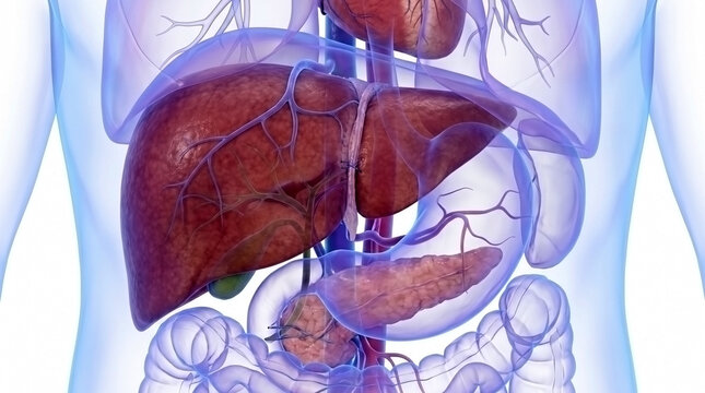 3D anatomical overview of human liver gallbladder and digestive system with digestive, internal