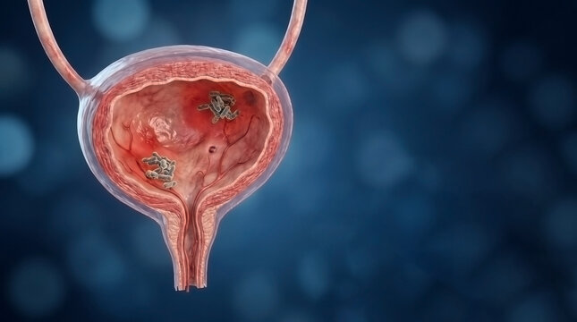Medical illustration of human urinary bladder with bladder cancer tumors oncology carcinoma