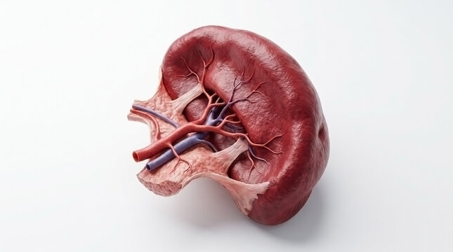 Anatomical medical illustration of healthy human kidney and blood vessels with physiology