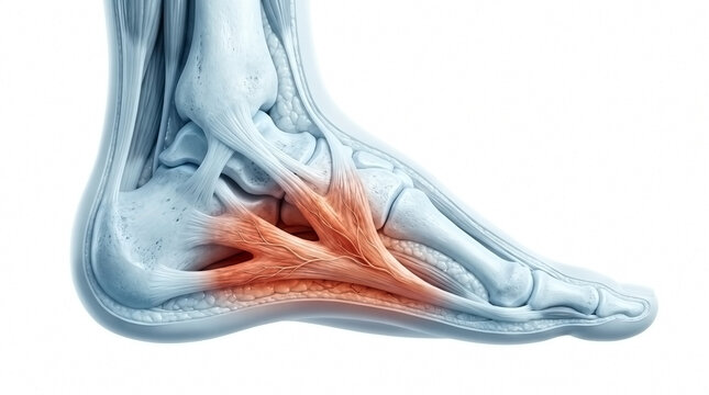 Human foot anatomy featuring muscles tendons and ligaments medical visualization, ligaments