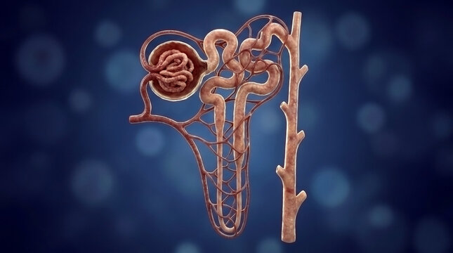 Close up microscopic view of nephron unit structure in kidney with microscopic, physiology