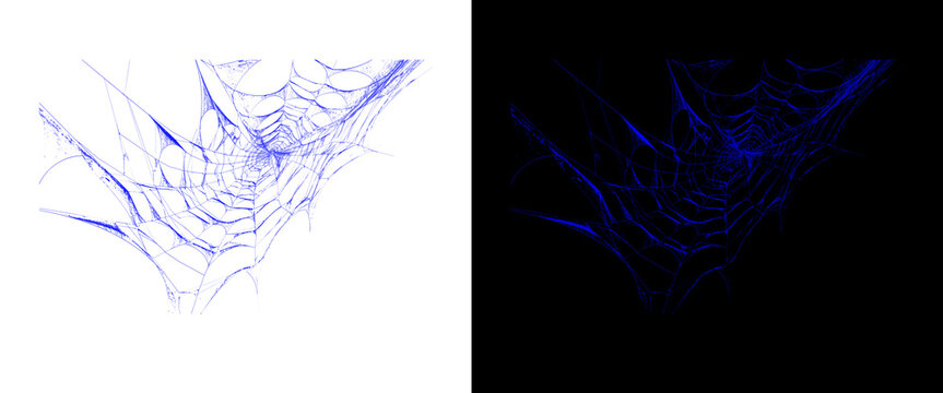 Intricate blue spider web on white and black backgrounds, glowing neon cobweb design, abstract spiderweb texture for Halloween and spooky themes