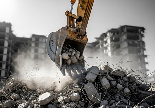 Excavator bucket clearing building debris