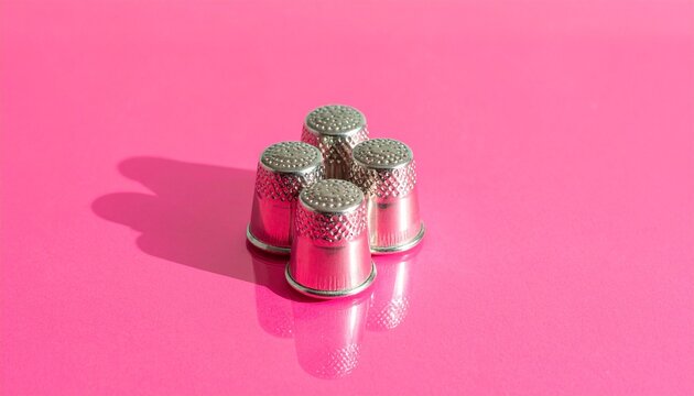 Metal thimbles arranged on bright pink background