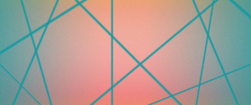 Abstract grainy gradient background with cyan geometric intersecting lines in teal and peach tone