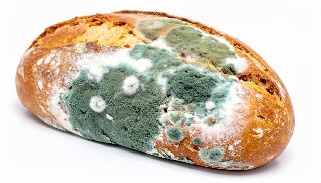 Moldy loaf of bread covered in green and white fungus isolated on white background