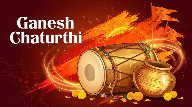 Ganesh chaturthi festival greeting card with traditional dhol drum and golden pot on dark red background