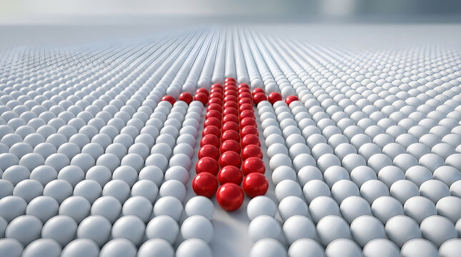 A conceptual image featuring a red arrow formed by a group of red spheres standing out against a vast field of identical white spheres, symbolizing leadership and direction