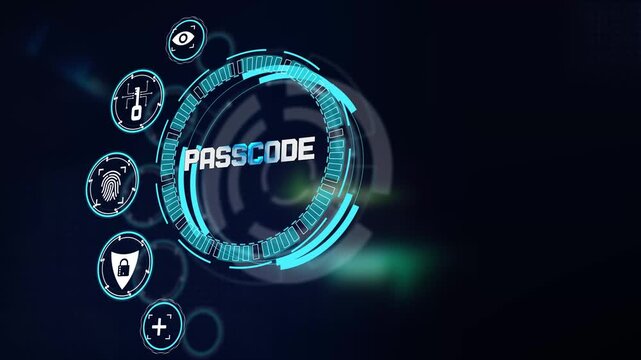 Digital passcode authentication process visualized on glowing cyan technological hud screen with corporate security icons