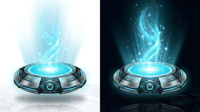 Futuristic scifi portal or teleportation pad with glowing blue energy vortex and light particles, isolated on white background
