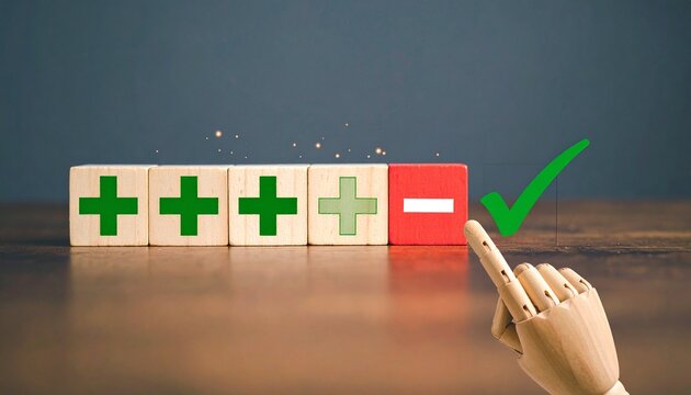 Wooden blocks plus minus signs decision evaluation
