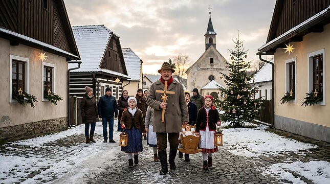 People in folk costumes participating in a winter village procession