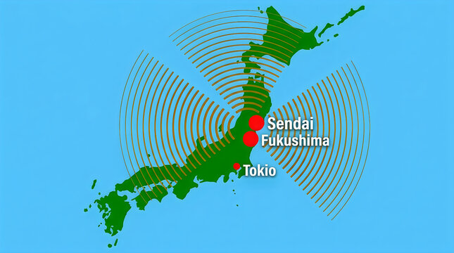 Map of japan showing the location of sendai, fukushima, and tokyo with concentric circles radiating from the tohoku region