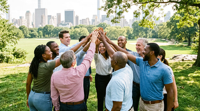 A diverse group of people in a park with their hands clasped in the center, symbolizing unity and teamwork. The cityscape is visible in the background