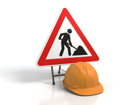 Road work sign with a construction hard hat isolated on white background