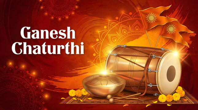 Ganesh chaturthi festival greeting card with traditional dhol drum and golden light background