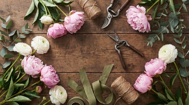 Flat lay of fresh botanical flowers, gardening shears, and twine on a wooden table