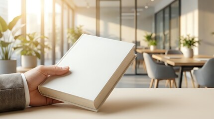 Fototapeta premium Businesswoman holding blank wooden frame on desk in modern office with plants and natural light for branding and marketing mockups.
