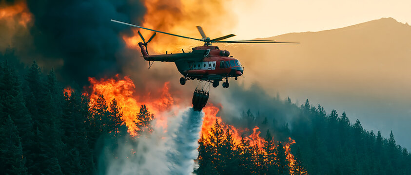 猛烈な山火事の消火活動を行う消防ヘリコプター