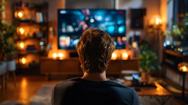 Man Watching Smart Television at Home Enjoying Streaming Entertainment in Modern Living Room