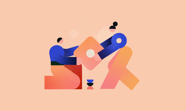 Two Abstract People Exchanging a Message in Geometric Illustration