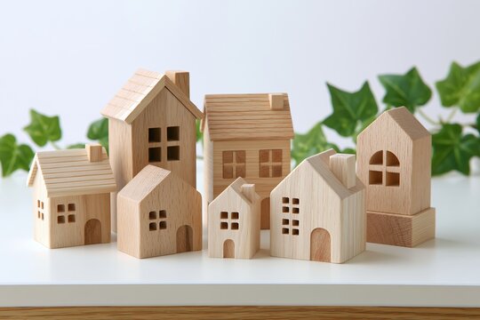ナチュラルな木製住宅模型が複数並ぶマイホームや街並みのイメージ