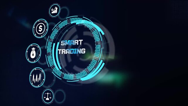 Executing automated smart trading operations via glowing technological hud interface displaying real time market metrics