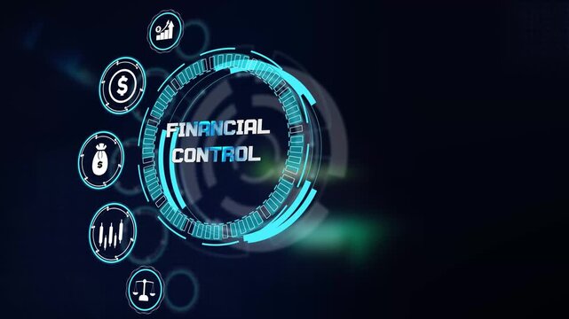 Ensuring corporate financial control compliance via glowing futuristic technological hud interface with security icons