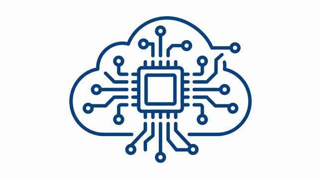 Blue cloud computing and processing vector icons set, modern technology logo design, circuit board data storage concept, digital server system illustration