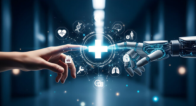 Human and Robot Touch Digital Medical Network Future Healthcare