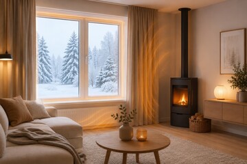 Fototapeta premium Cozy Winter Living Room with Insulated Window and Warm Fireplace