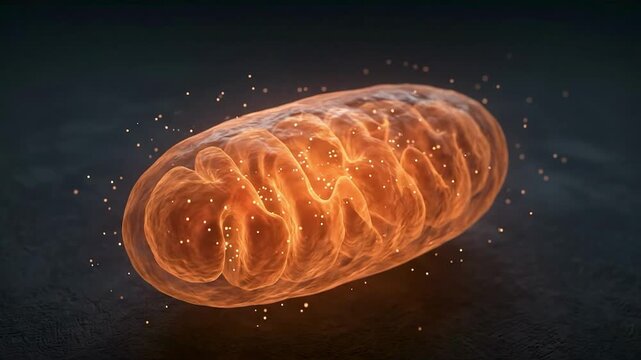 Close-Up Mitochondrion Organelle Generating ATP Energy with Glowing Inner Cristae Membrane