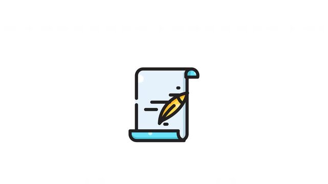 Blue scroll paper icon with golden quill pen drawing tool in simple vector art. Suitable for stationery, design, writing, and creativity concepts.