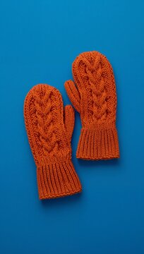 Orange knitted mittens with a braided pattern displayed on a blue background, showcasing texture and craftsmanship in winter apparel design