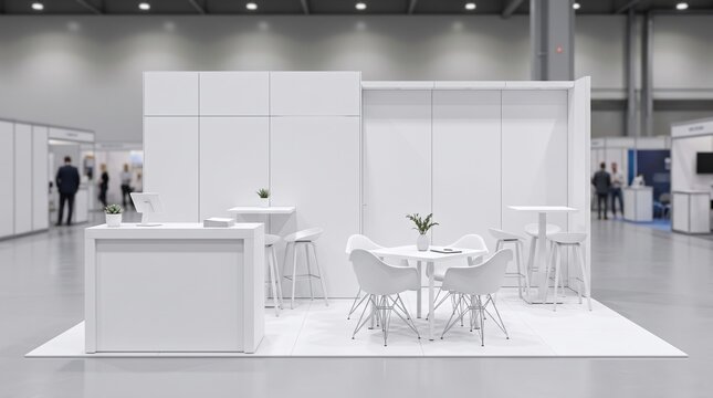 Minimalist white exhibition stand mockup, clean trade show booth with furniture, blank promotional display stall in convention hall