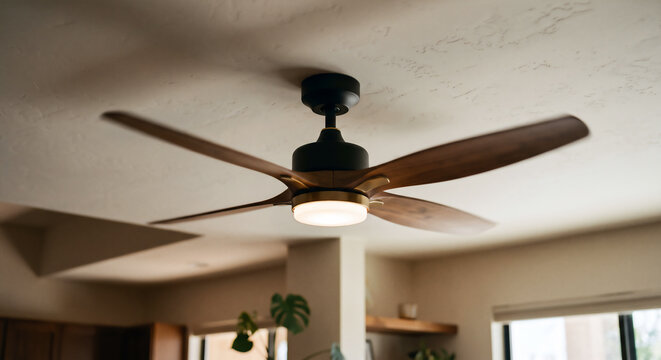 Modern wooden ceiling fan with light fixture in contemporary home interior