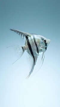 Striped angelfish with flowing fins swimming against soft blue background, suitable for aquarium, wildlife, and nature-themed designs.