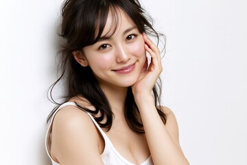 Fototapeta premium 白い壁をバックに自然体で微笑む美しい日本人女性のポートレート