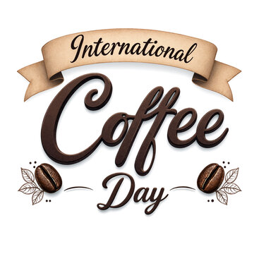 Creative international coffee day celebration design with coffee beans and decorative banner text isolated
