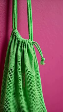 Green mesh drawstring bag hanging against a vibrant pink wall, showcasing the texture and design of the bag in a visually appealing indoor setting
