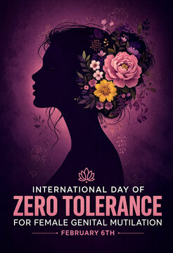Silhouette of woman with floral hair celebrating zero tolerance for female genital mutilation awareness campaign