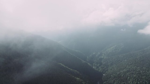 Aerial drone flight through clouds above lush green Caucasus mountains in Svaneti, Georgia. Peaceful alpine landscape with forested peaks, perfect for meditation, relaxation, travel and nature project