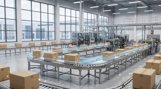 Automated conveyor belt system moving cardboard boxes in modern smart warehouse factory with glowing blue digital light trails for logistics concept.
