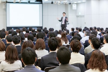 Obraz premium ビジネスセミナーで講演者が大勢の聴衆にプレゼンテーションを行う風景