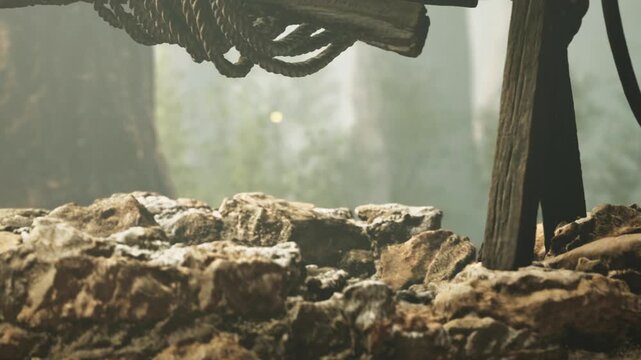 A wooden well structure stands among stones in a forest. Ropes hang down from the top. Sunlight filters through trees, illuminating the scene and casting soft shadows.