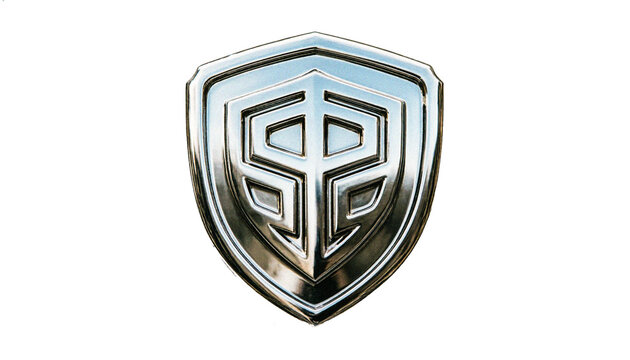 Metallic silver shield emblem with geometric logo, polished chrome security badge icon, 3D steel armor crest for protection and branding