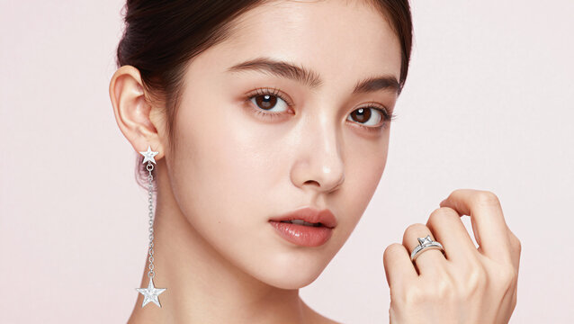 Elegant young woman wearing silver star earrings and diamond ring