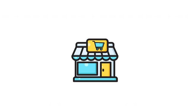 Yellow storefront icon with blue shopping cart, suitable for retail commerce designs. Illustration for logos, websites, and marketing materials.